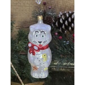 Kurt Adler Glass Cat Ornament White Red‎ Bow Fish Star Vintage 5.5"